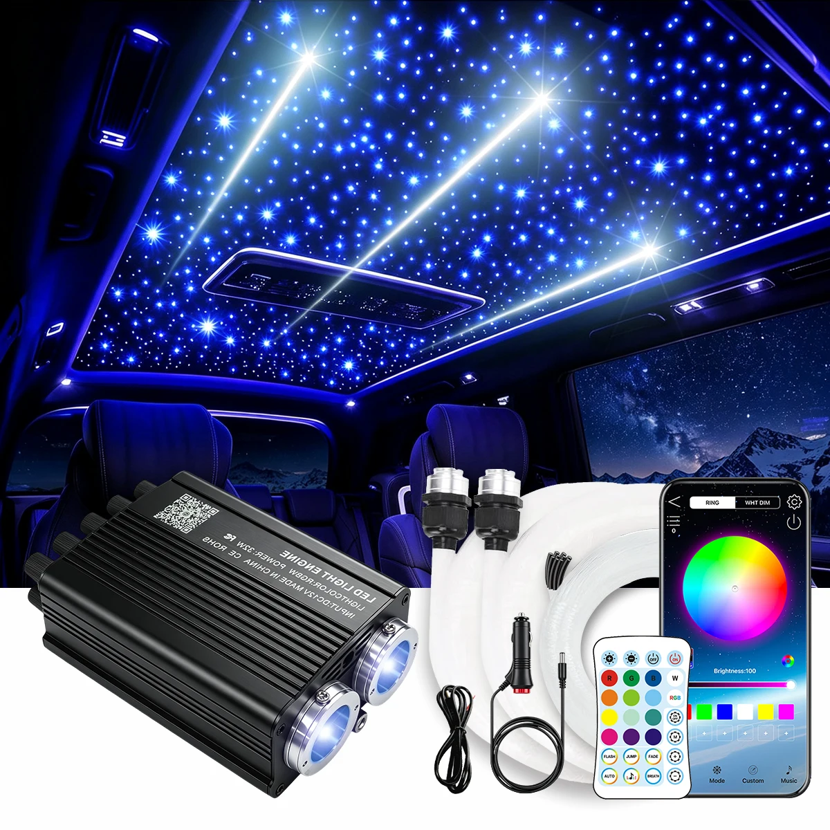 VASTFIRE 2-in-1 Sternenhimmel Kit, 1000/1200pcs 0,75mm RGBW Funkelfasern & 200pcs Sternschnuppen, APP & Fernbedienung, Musiksteuerung, LED Sternenlicht für Autodach, Innenraum & Dekoration