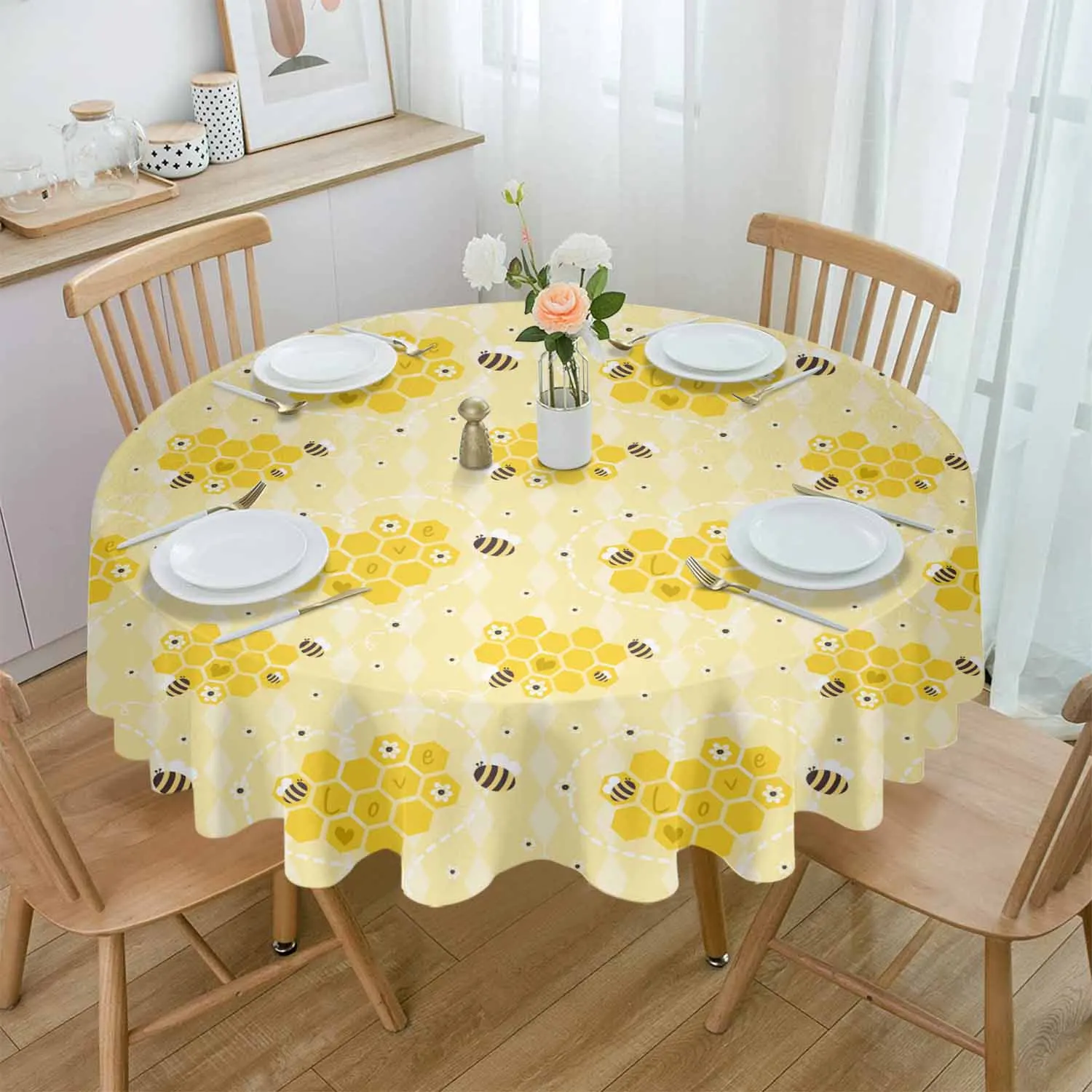 Bee Hive Yellow Flowers Round Table Cloth Festival Dining Tablecloth Waterproof Table Cover for Wedding Party Decor