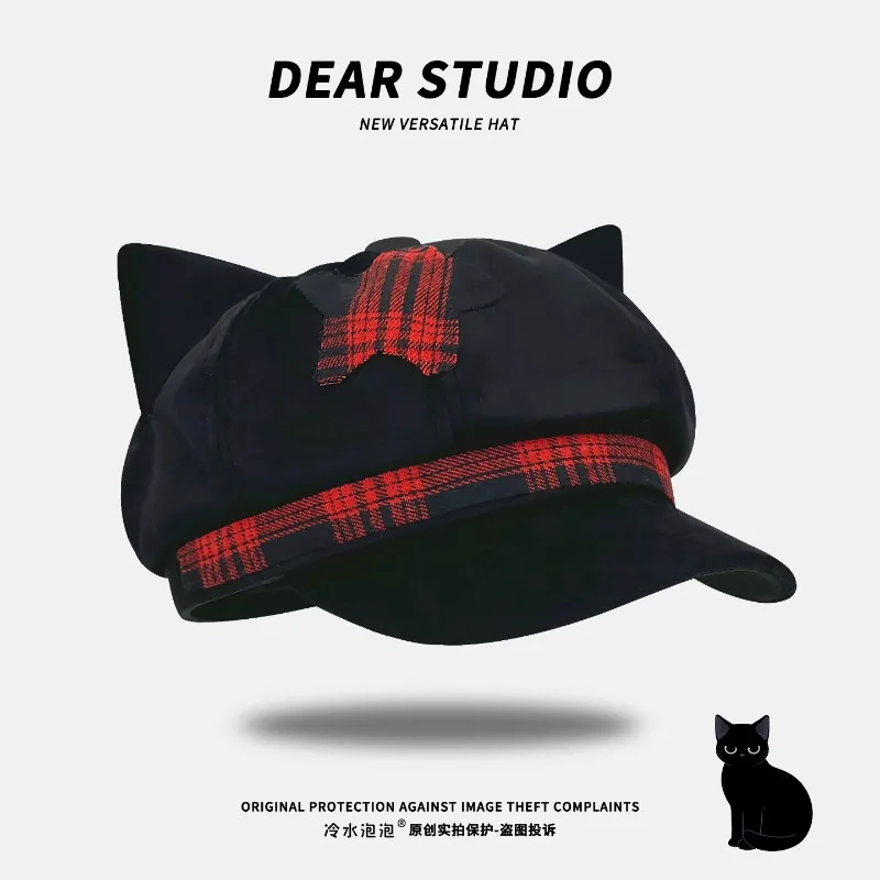 Y2K Creative Cat Ear Berets for Women Summer Autumn Travel Fashion Versatile Show Face Small Retro Punk Style Black Painter Hats