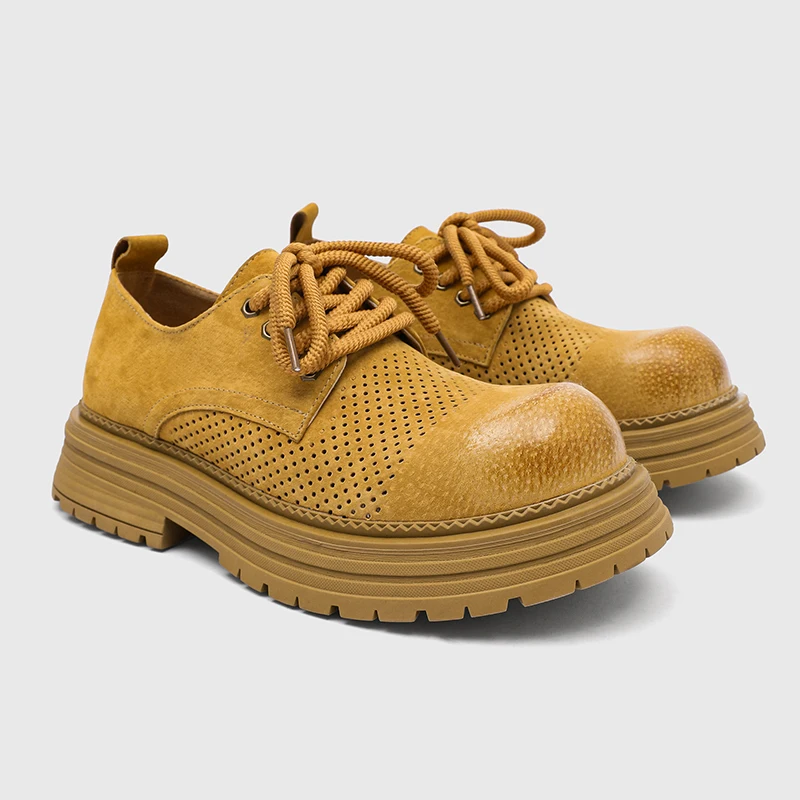 

Men New Hollowed Out Perforated Breathable Derby Shoes Summer Casual Sports Anti Slip Height Increasing Big Yellow Shoes