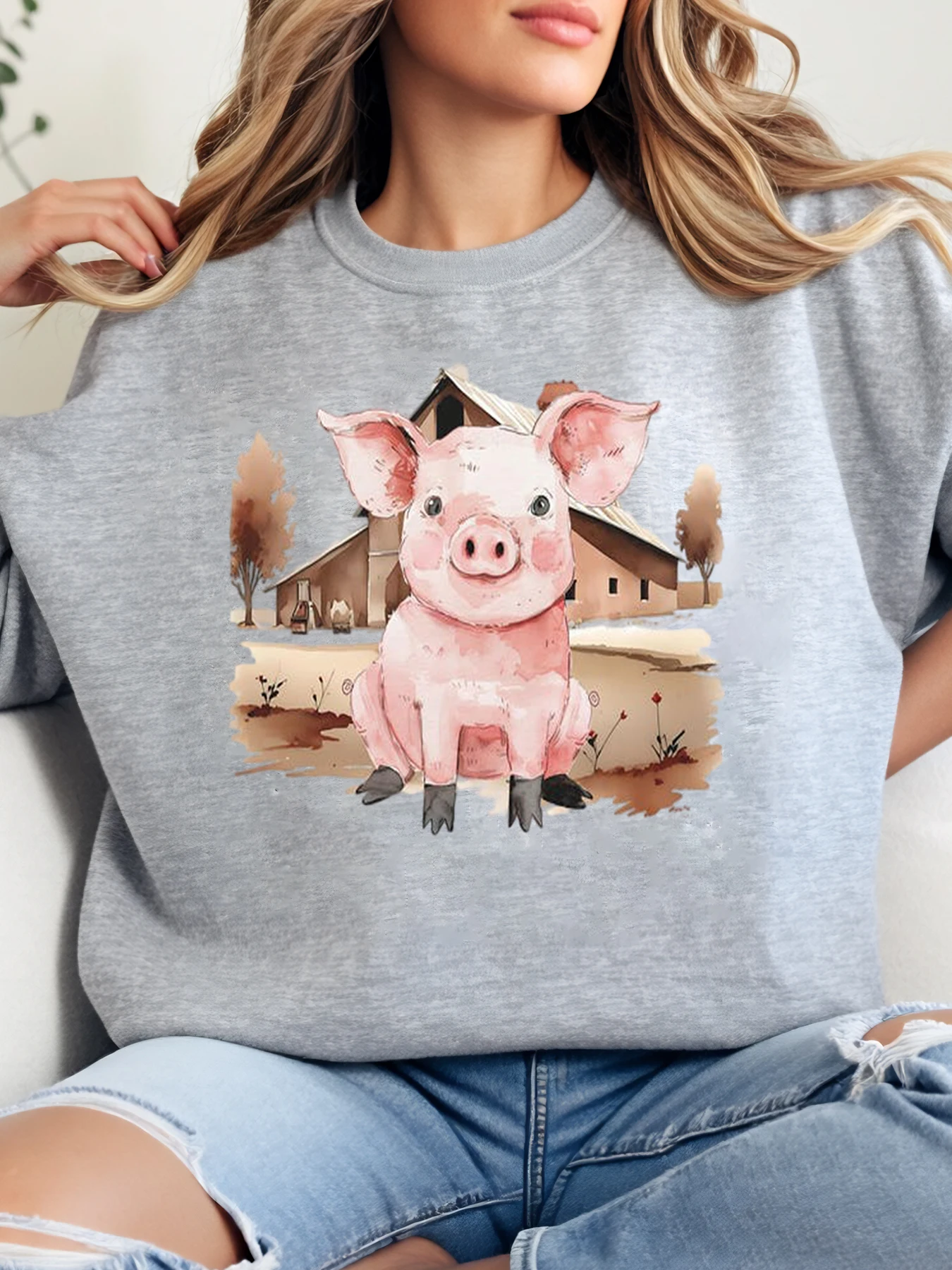 

Толстовка с милым свиньей и принтом на Хэллоуин, женская повседневная осенне-зимняя одежда, серая, больших размеров