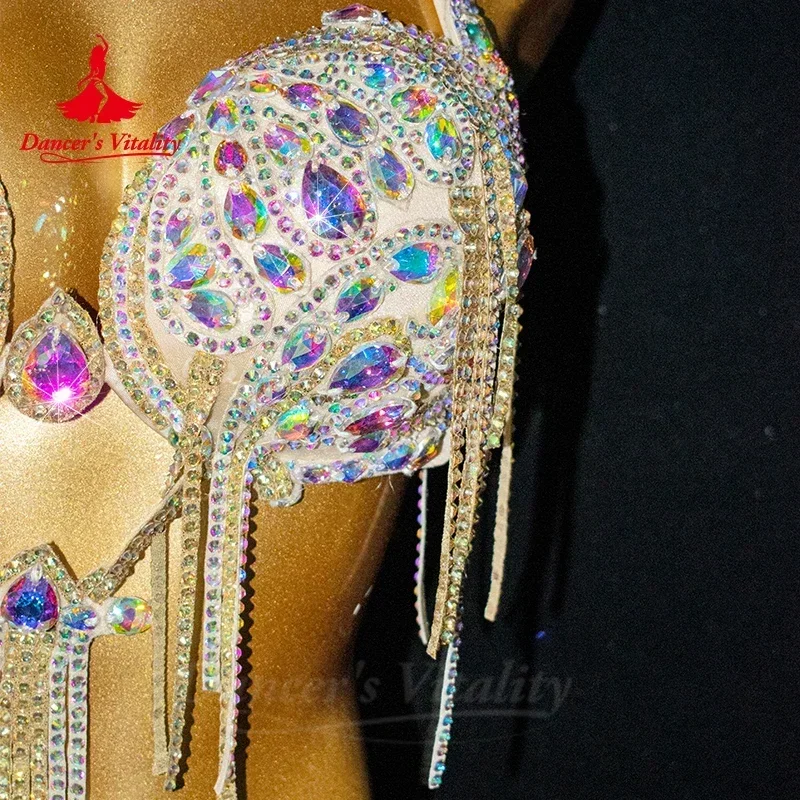 Traje de actuación de danza del vientre para mujer, sujetador y cinturón de piedras AB para adultos y niños, traje de Baile Oriental personalizado,