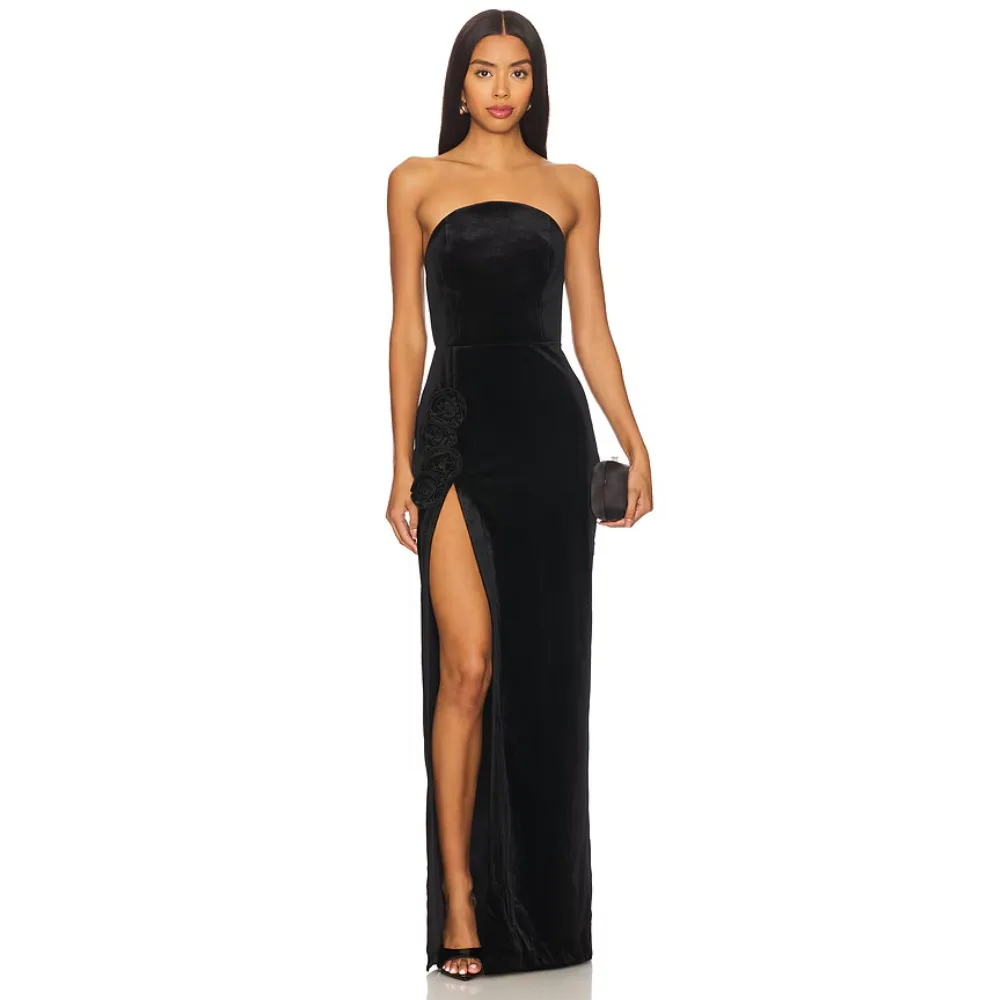 Customized 3D Flowers Evening Dresses High Side Slit Party Dress Black Strapless Elegant Modern Formal Prom Gowns for Women 2026