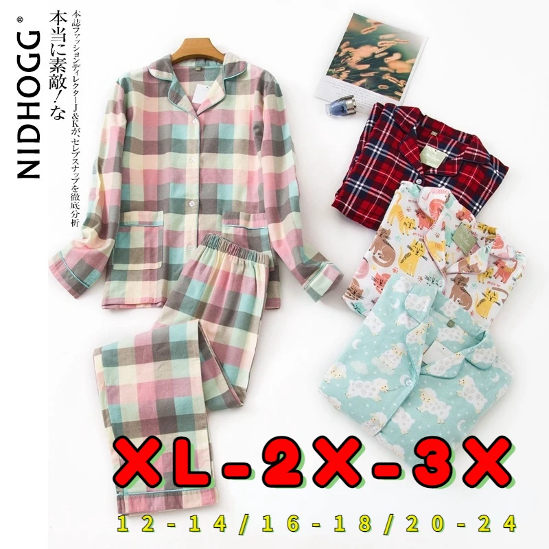 New Long Sleeve Pajamas for Women 100% Cotton Plaid Red Sleepwear Lapel Casual Print Set 2 Piece Plus Size Pijamas Home Clothes