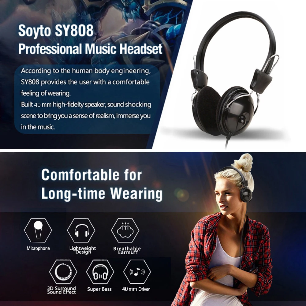 3.5mm Wired HD Sound Headphones Over Ear Headset Bass HiFi Music Stereo Microphone Earphones Adjustable Headset For PC MP3 Phone