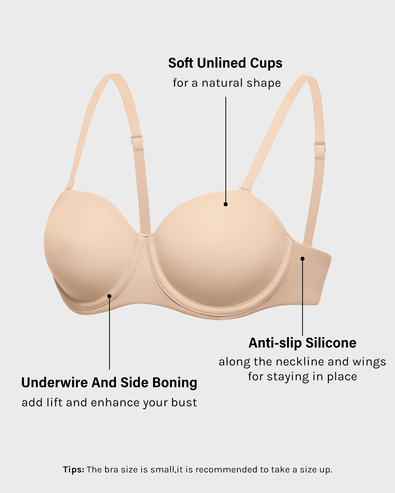 Women\'s Inbarely Plus Unlined Strapless Bra Non-Slip Underwire Full Coverage Bandeau Bra