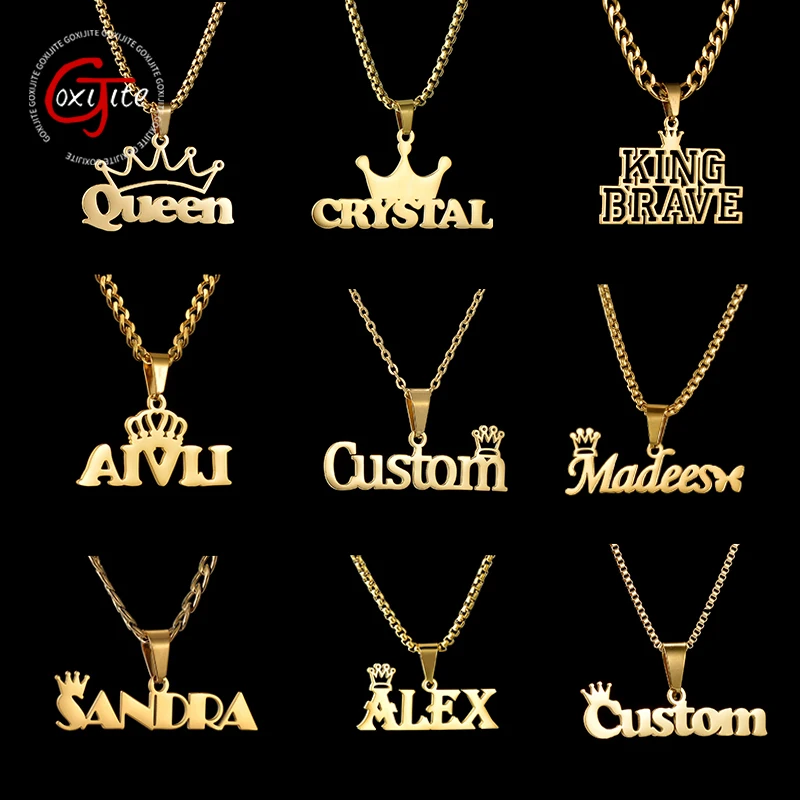 Goxijite Fashion Customize Name Pendant Stainless Steel Personalized Names Crown Pattern Necklaces For Men Women Best Party Gift