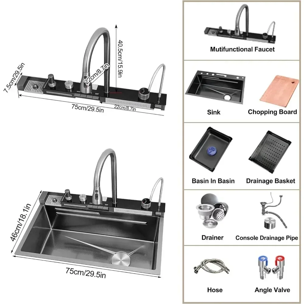 29.5x18 INCH Kitchen Sink ,with Pressurized Cup Washer and Two Waterfalls, Digital Display Embossed Nano Kitchen Sink