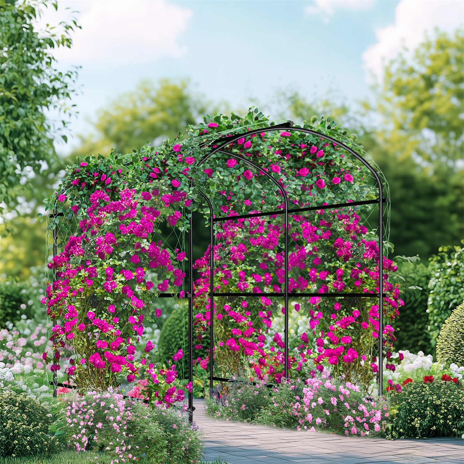 qp-U-Shaped Garden Cucumber Trellis for Climbing Plants Support Frame with Nylon Netting and Spikes Metal Garden Trellis Arch-