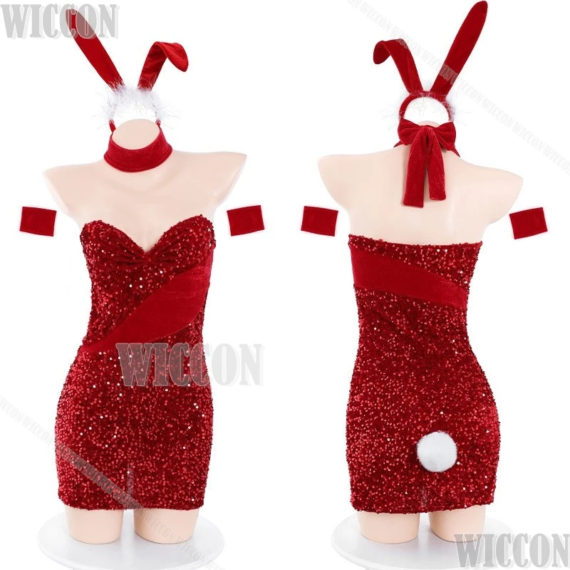 2024 Christmas Bunny Girl Cosplay Costume Red Dress Sexy Cute Women Girl Glitter Shiny Uniform Rabbit Ears Hairband Customized