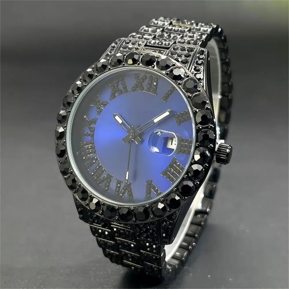 2024 New Cool Iced Watch For Mens Fashion Casual Quartz WristWatch Mans Hip Hop Black Diamond AAA Clock Reloj Gift Free Shipping