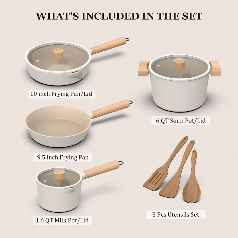 Pots and Pans Set Non Stick, 10 Pcs Granite Cookware Set, Removable Handle Pots and Pans, PFOA Free, Oven Safe, Cream