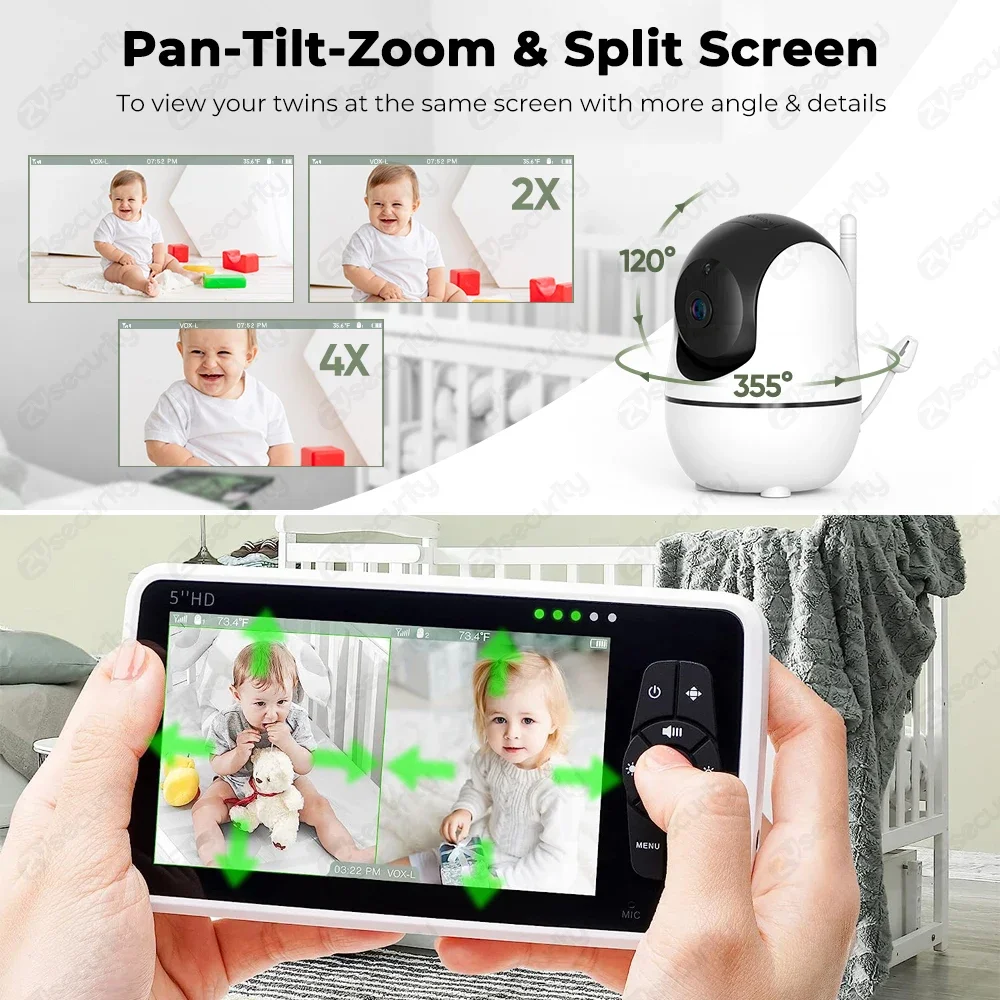 Baby Monitor with 2 Cameras 5 Inch Split-Screen Baby Phone with Camera and Audio Pan-Tilt-Zoom Baby Camera No WiFi,2-Way Talk