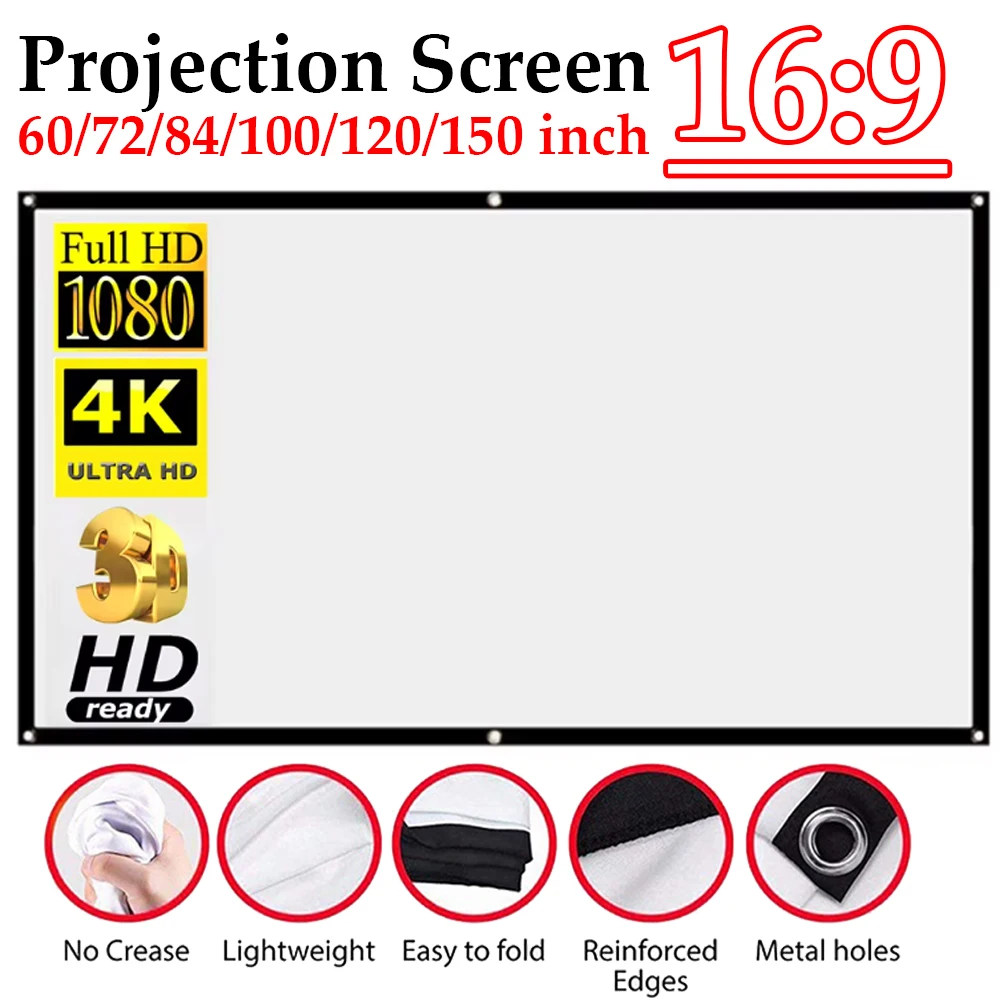 16:9 Simple Projector Curtain 60/72/84/100/120/150 inch Portable HD Display Screen Home Cinema Theater Movie Home Outdoor Office