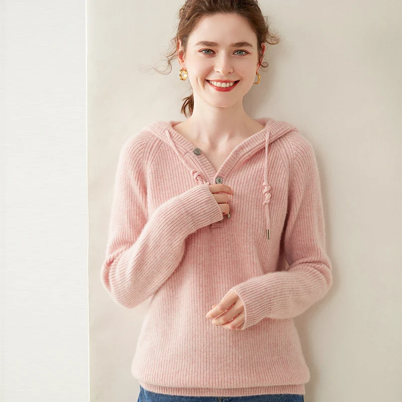 RONGYI 100% Goat Cashmere Sweater Spring /Autumn Women's Hooded Collar Pullover High Quality Casual Knitted Top Solid Jacket