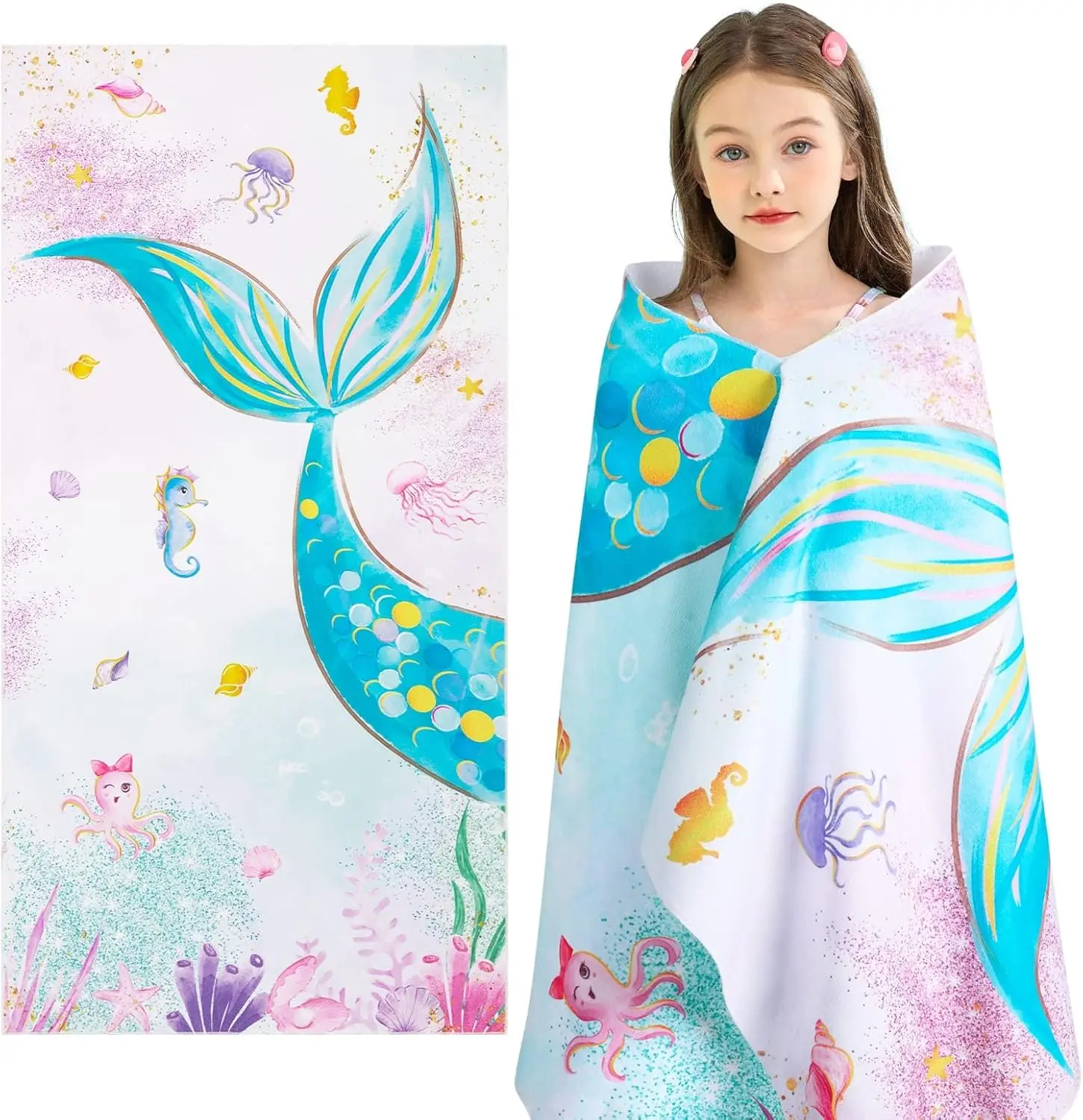 Magic Mermaid Beach Towel for Girls, Colorful Ocean Princess Art Quick-Dry Sand-Free Microfiber Bath Towel for Pool and Trave