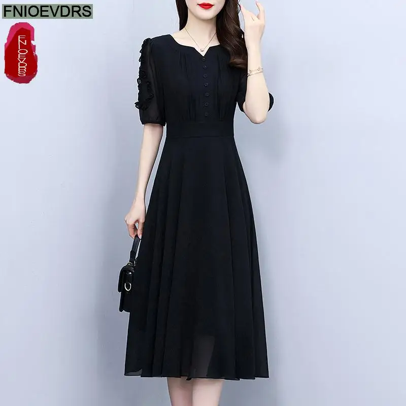 느슨한 옷 여성 2025 여름 패션 사무실 레이디 기본 버튼 프릴 레트로 빈티지 레이디 우아한 블랙 셔츠 드레스