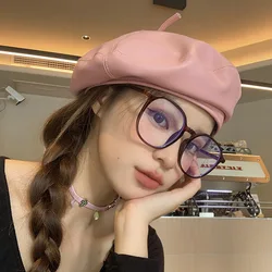 Vintage PU Leather Berets For Women Sweet Pink Solid Color Adjustable Female Casual Painter Caps Korean Girls Sun Visors Cap New