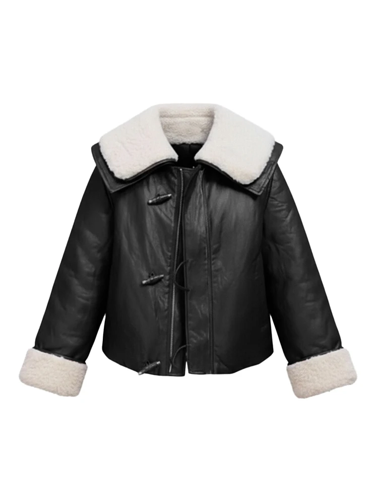 Vintage Fce Lined Leather Jaet Women's Loose Versatile Sli Agel Winter Coat Casual Ele Faionable Top