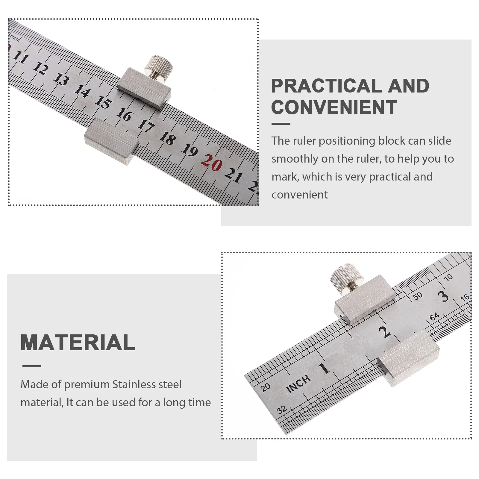 1 Set Stainless Steel 30Cm Heavy Duty Metal Measuring Rule Sliding Positioning Block For Carpentry Drafting Engineering Metric