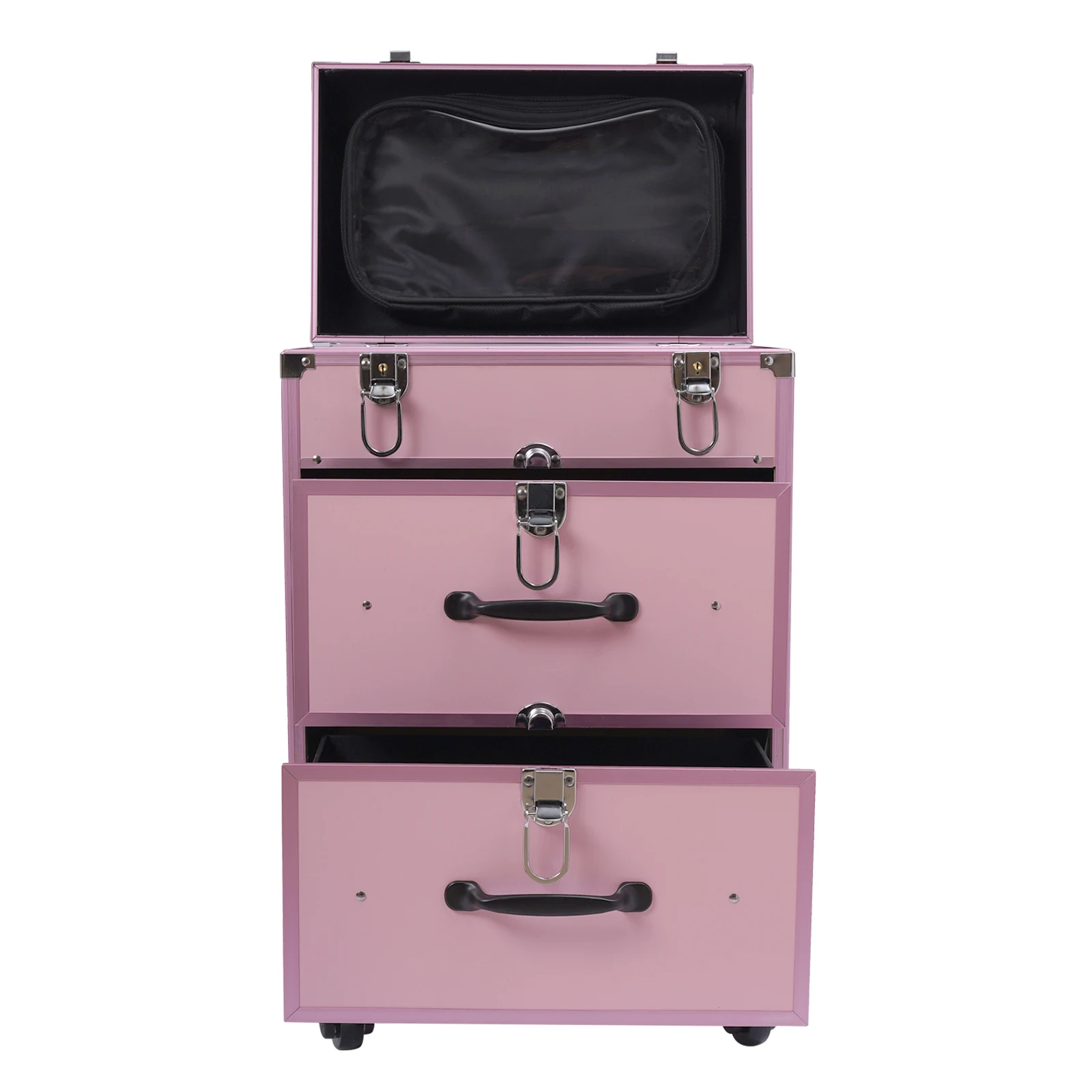 Professional 3-Tier Rolling Makeup Case Large Cosmetic Trolley w/Locks for Nail Art Hair Styling Travel Storage Pink/Black