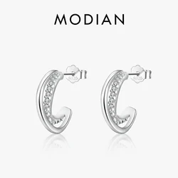 Modian Silver Line Clear CZ Stud Earrings 100% 925 Sterling Silver Geometry Exquisite Earring For Women Wedding Fine Jewelry