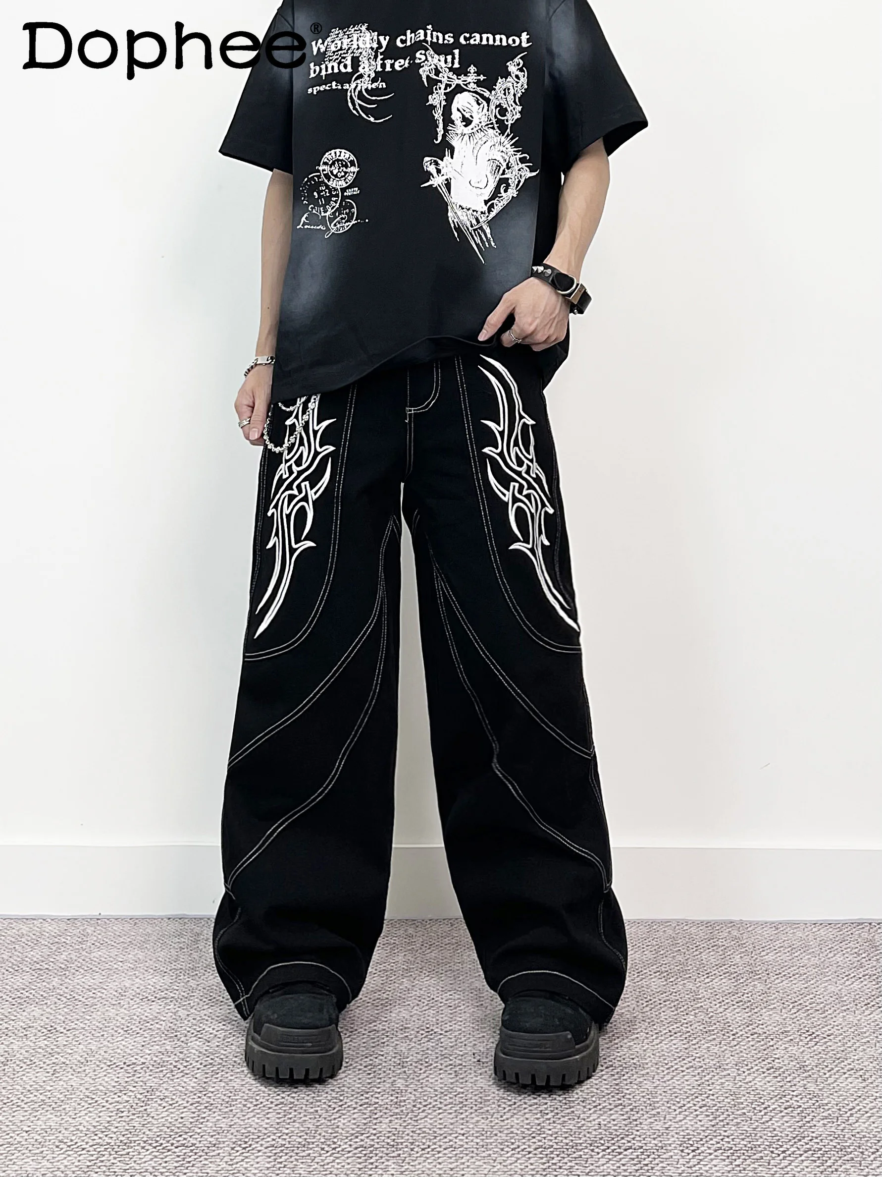

Y2K Subculture American Fashion Trend Embroidered Printed Wide-Leg Pants Loose Casual Design Jeans for Men