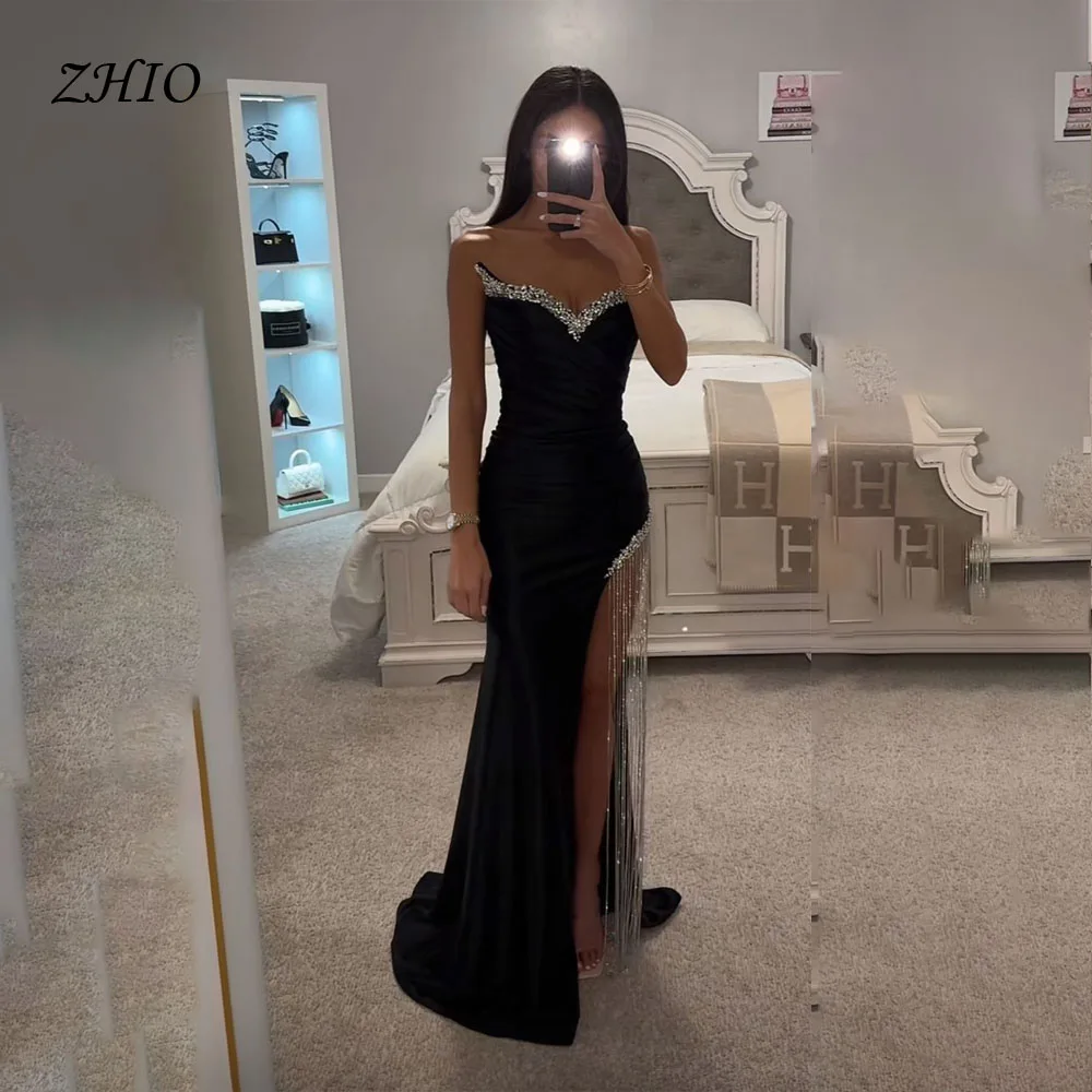 ZHIO negro hendidura cuenta largo a medida ocasión vestido vestidos de noche Pastrol Jersey Unisex Retro Dubai Arabia Saudí Israel Prom Custo