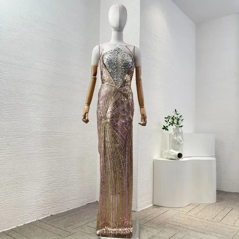 Ladies' Golden Violet Sleeveless Cut Out Sequined Diamonds High Quality 2024 Sexy Arrivals Maxi Dresses for Party