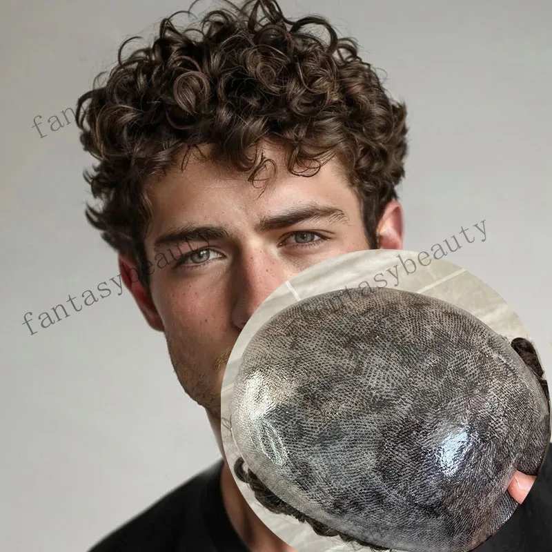 

18 мм вьющиеся афро-мужские человеческие волосы, мужской парик, темно-коричневый блондин, прочный, полностью искусственная кожа, натуральные волосы, капиллярные протезы, мужская система