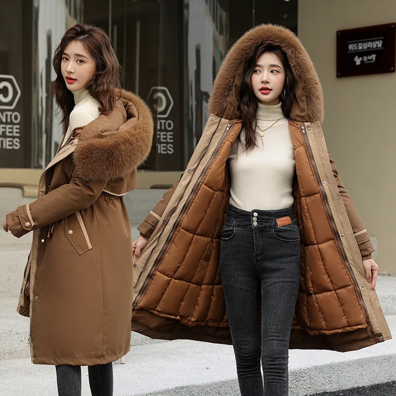 Korean Cotton Lined Winter Parkas Women Faux Fur Collar Hooded Jackets 2023 Warm Cotton Padded Coat Outerwear Female Windbreaker