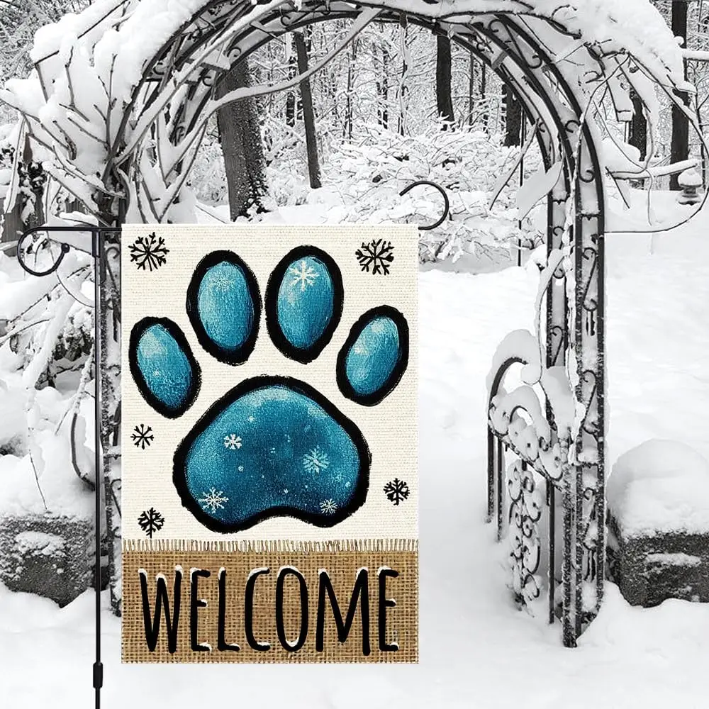 Welcome Garden Flag 12x18 Inch Double Sided Burlap Flag with Snowflake Paw Print Design for Winter Decor Outdoor Home Garden PPM