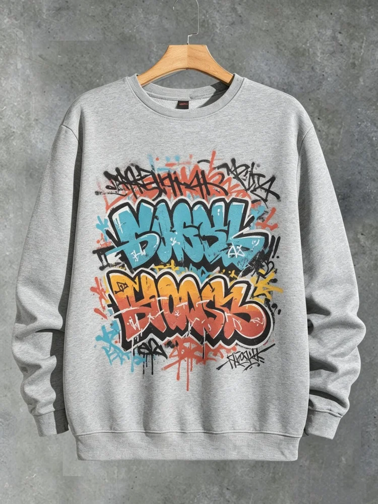 Men's Graffiti Sweatshirt Streetwear Bubble Tag Print Loose Fit Crewneck Vintage Pullover