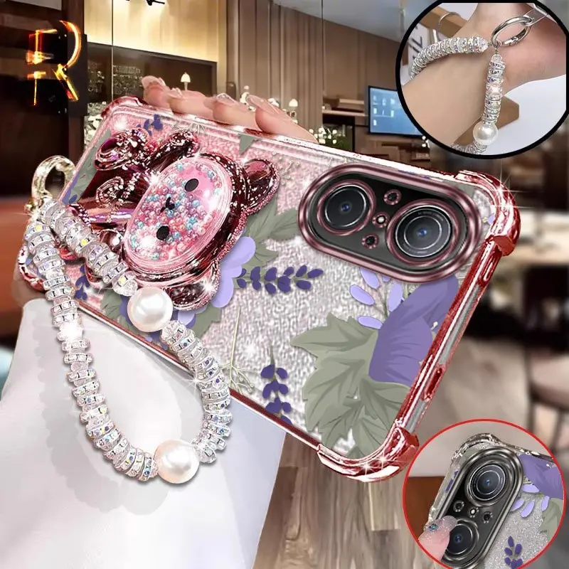 

50SE Purple flowers Plating Bracelet Holder Phone Case For Honor X50 50SE 50GT X60i V40 X40 X30i X50i X60Pro Play 9T X60 Cover