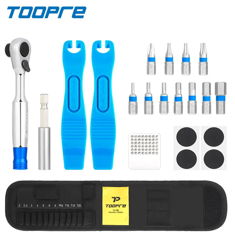 Toopre conjunto de reparo de chave de catraca de bicicleta, edição portátil, multifuncional, chave de pneu de bicicleta, kits de ferramentas de reparo