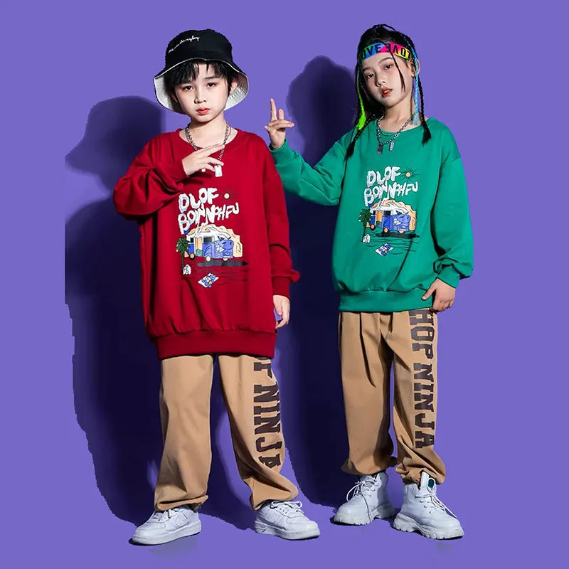 Top de moletom infantil Hip Hop estampado, calça casual street jogger cáqui, traje de dança jazz menina e menino, conjunto de roupas