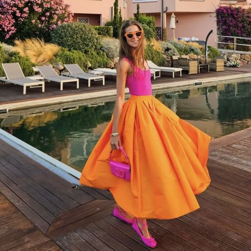 Orange Satin Skirts Without Top Long A Line Ankle Length Lady Women Saias  Autumn Spring Birthday Party Skirt