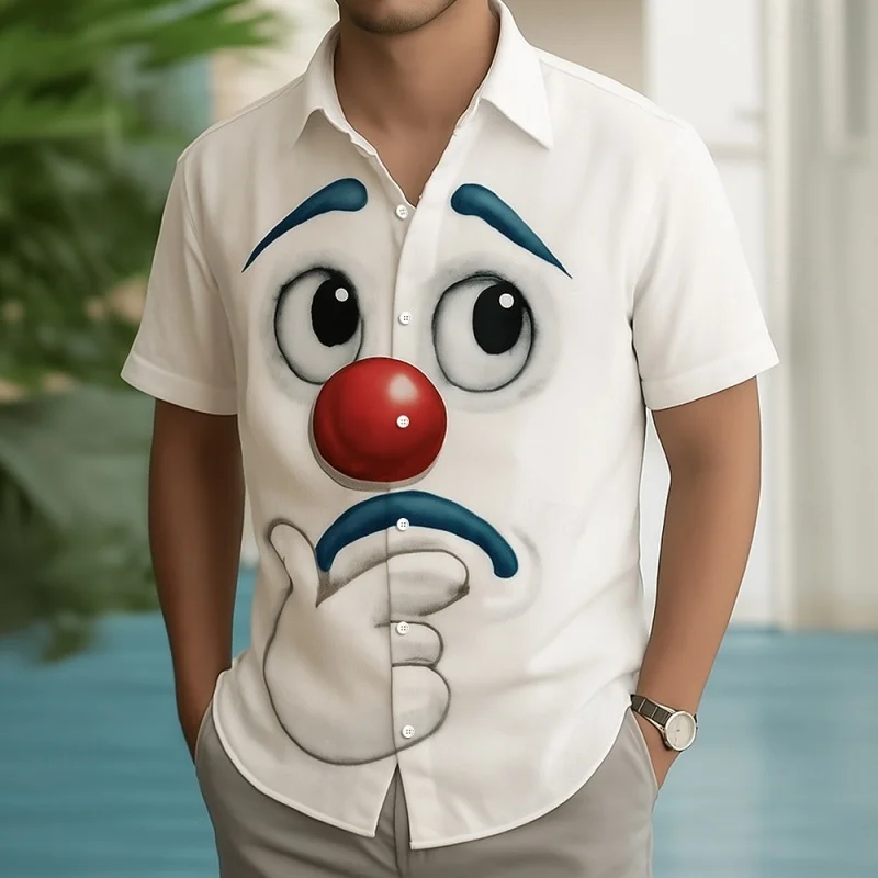 

Гавайская рубашка с акробатическим узором клоуна для мужчин, забавное выражение, летние рубашки с короткими рукавами и 3D принтом Aloha, свободные блузки, топы