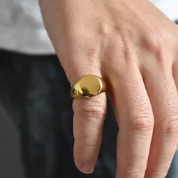 Retro Flat Oval Gold Color High Polished Ring For Men stainless steel Designer Ring Jewelry Rock Hiphop Accessories Unisex Gift