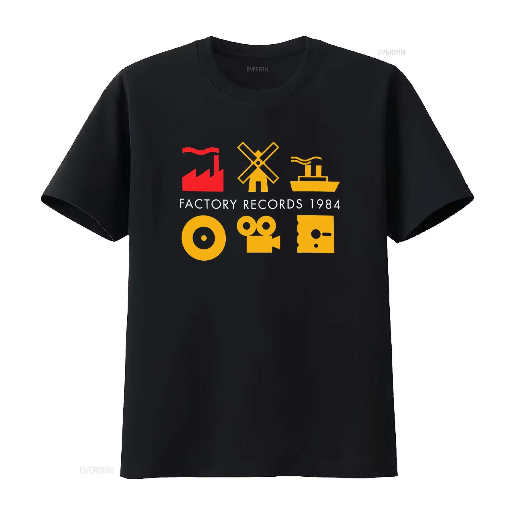 Camiseta vintage Factory Records 1984, diseño inspirado en la discográfica con iconos retro, Joy Division, New Order, Hacienda, estilo vintage, suave