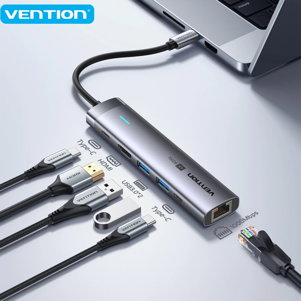 Vention USB C HDMI HUB 4K@60Hz 1000Mbps Adapter Ethernet USB 3.0 HUB Splitter Dock Station dla MacBooka…