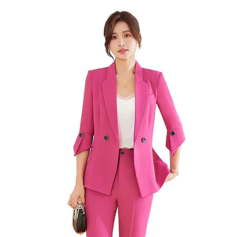 طقم بدلة أصفر جديد لربيع وصيف للنساء، ملابس رسمية احترافية أنيقة وأكمام ثلاثة أرباع، وبنطلون واسع