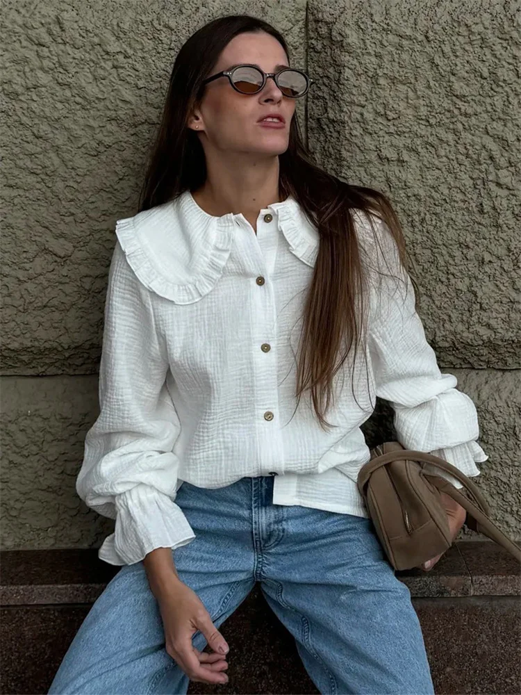 Tossy French Ruffle Peter Pan Collar Blouse Women Elegant Long Sleeve Crinkle Cotton Shirt Vintage Loose White Top Chemise Femme