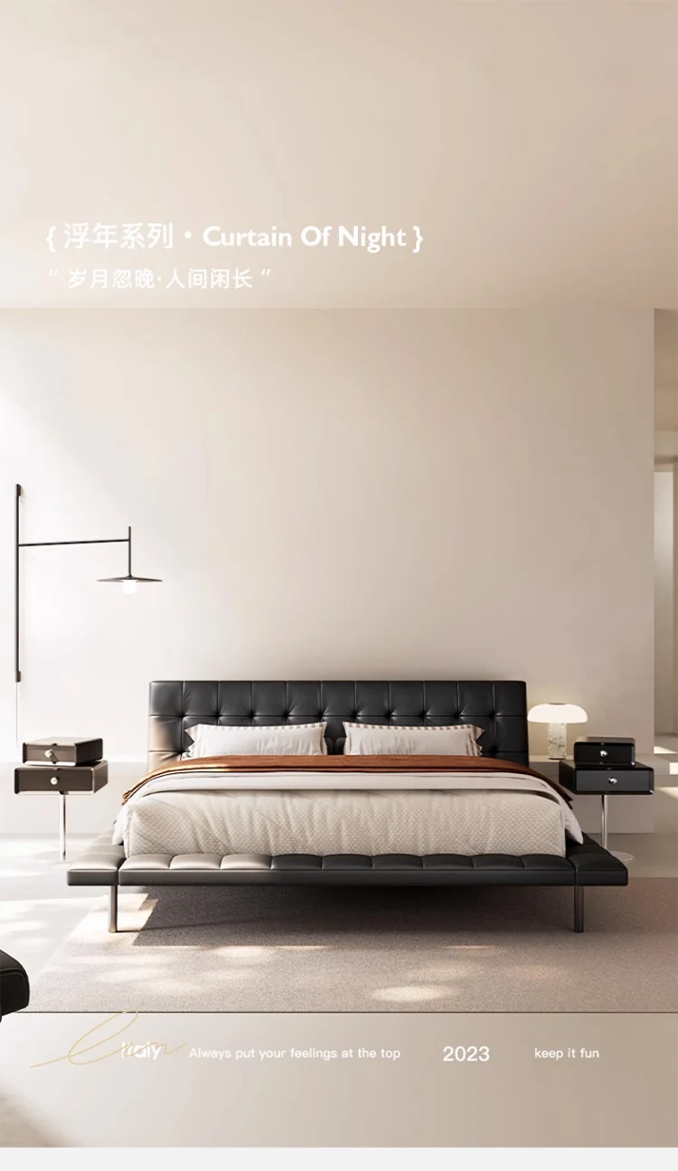 

Medieval leather bed Minimalist master bedroom High-end atmosphere First layer cowhide double wedding bed