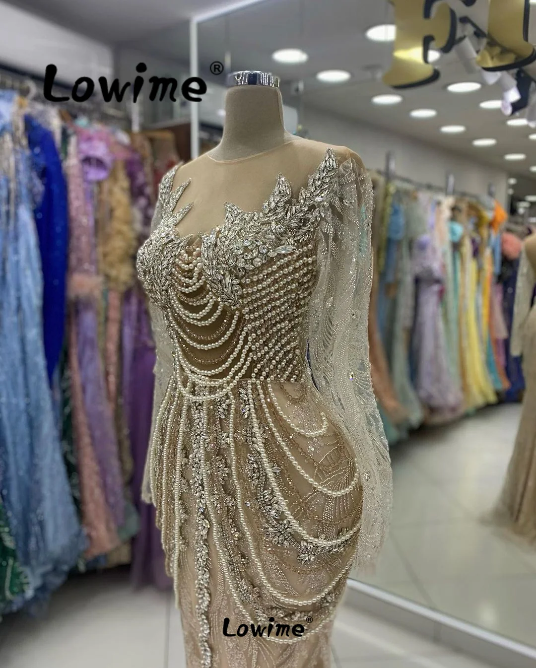 Elegant Champagne Evening Dress Long Sleeves Beading Tassels Crystal Arabic Party Gowns Robe De Soiree 2024 Customize Prom Dress