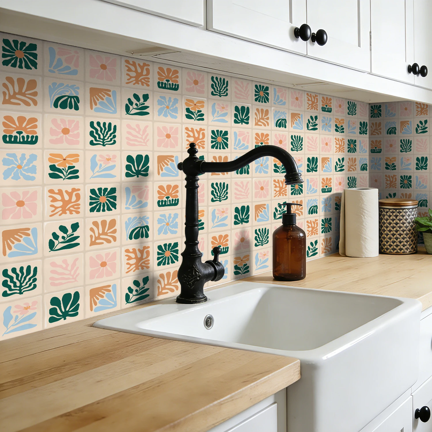20pcs 3D PVC Retro Morandi Hand-painted Abstract Floral Glossy Square Wall Stickers, 15.25*15.25cm