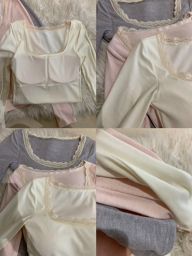 ピュアデザイア セクシーレーススプライス ロングスリーブTシャツ レディース 冬用インナーウェア アウターウェア 暖かい万能ベーストップ ストリートスタイル...