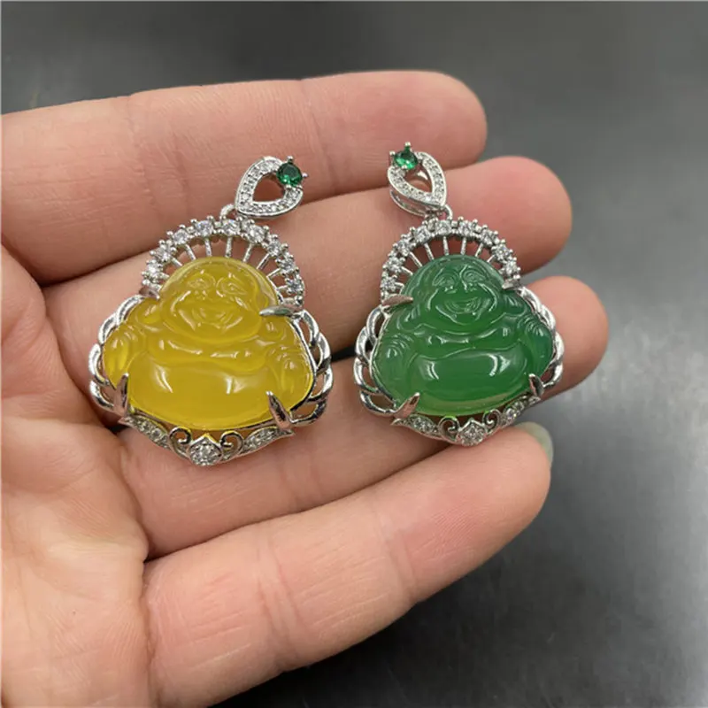 925 Silver Inlaid Green Chalcedony Maitreya Pendant Women's Yellow Agate Smiling Big Belly Buddha