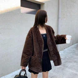 Imitation Mink Fur Coat for Women V-Neck Fluffy Jacket Vintage Luxury Overcoat Eco Fur Casual Clothes One Piece Winter Jacket