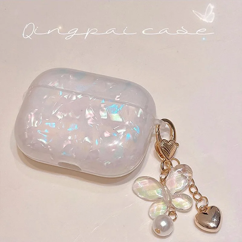 INS Cute Butterfly Pearl Keychain For apple Airpods Pro 2 Earphone Case Dreamy Glossy IMD Earphone Case For AirPods 1/2/3 Box